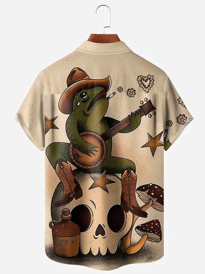 Vintage Fun Frog Print Men's Button Pocket Quick Dry Shirt