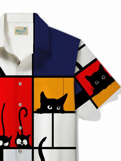 Fun Cartoon Cat Print Men's Button Pocket Short Sleeve Shirt