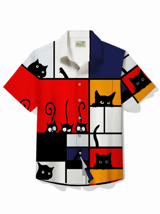 Fun Cartoon Cat Print Men's Button Pocket Short Sleeve Shirt