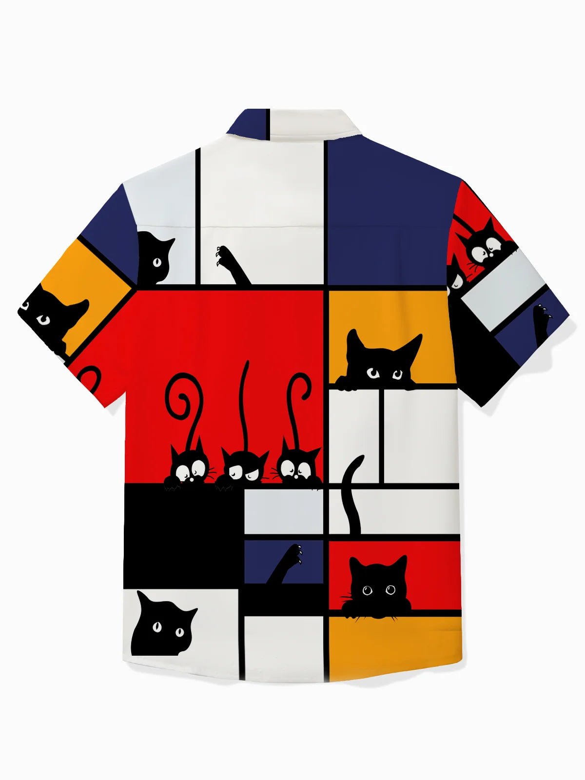 Fun Cartoon Cat Print Men's Button Pocket Short Sleeve Shirt