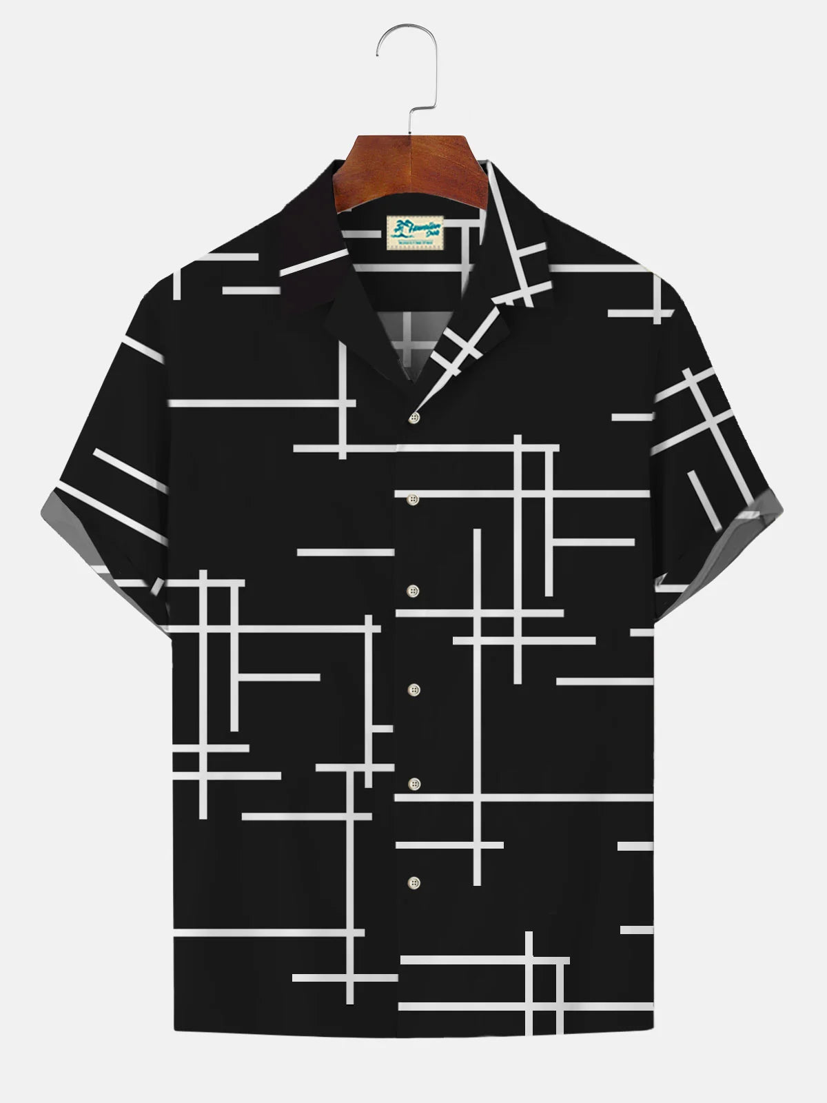 Men's Black Irregular Geometric Line Print Short Sleeve Shirt