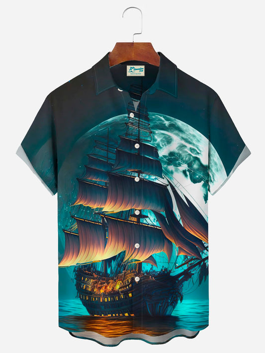 Vintage Nautical Pirate Print Men's Button Pocket Short Sleeve Shirt