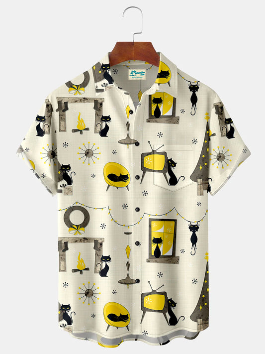 50's Vintage Cat Print Beach Men's Hawaiian Oversized Pocket Shirt