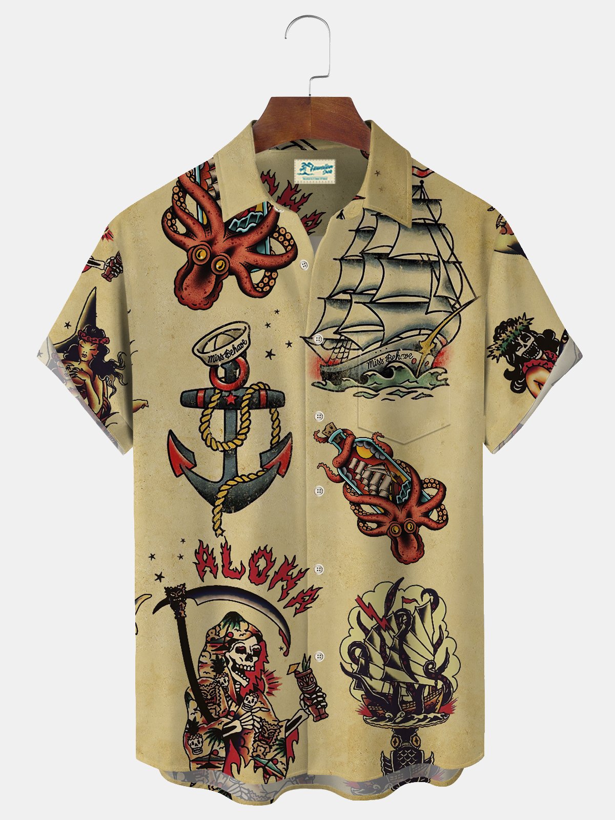 Vintage Nautical Khaki Men's Hawaiian Shirts Skull Pinupgirl Wrinkle Free Seersucker Easy Care Aloha Pocket Camp Shirts