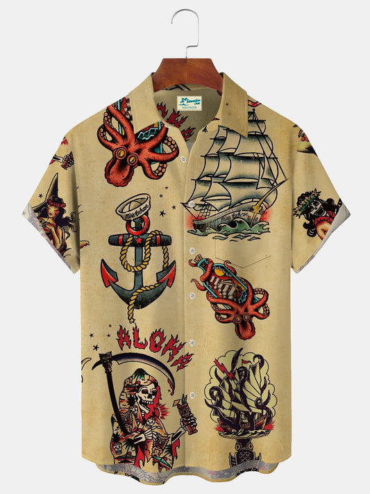 Vintage Nautical Khaki Men's Hawaiian Shirts Skull Pinupgirl Wrinkle Free Seersucker Easy Care Aloha Pocket Camp Shirts