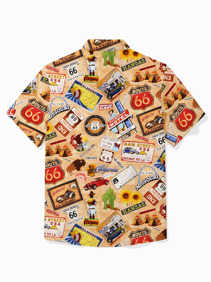 Vintage Route 66 Western Denim Print Men's Button Pocket Short Sleeve Shirt