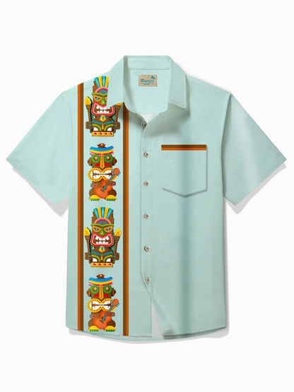 Hawaiian Tiki Vintage Bowling Print Men's Button Pocket Short Sleeve Shirt