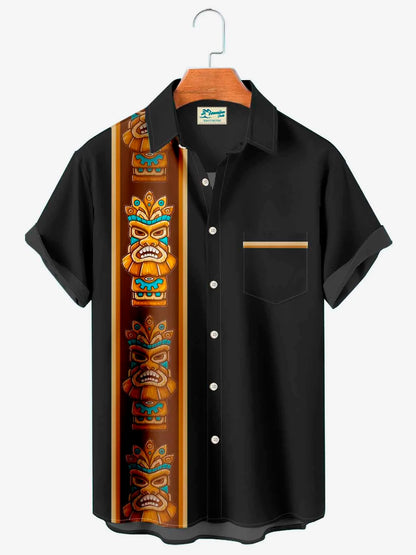 Vintage bowling Tiki Totem Men's Pocket Casual Button Shirt