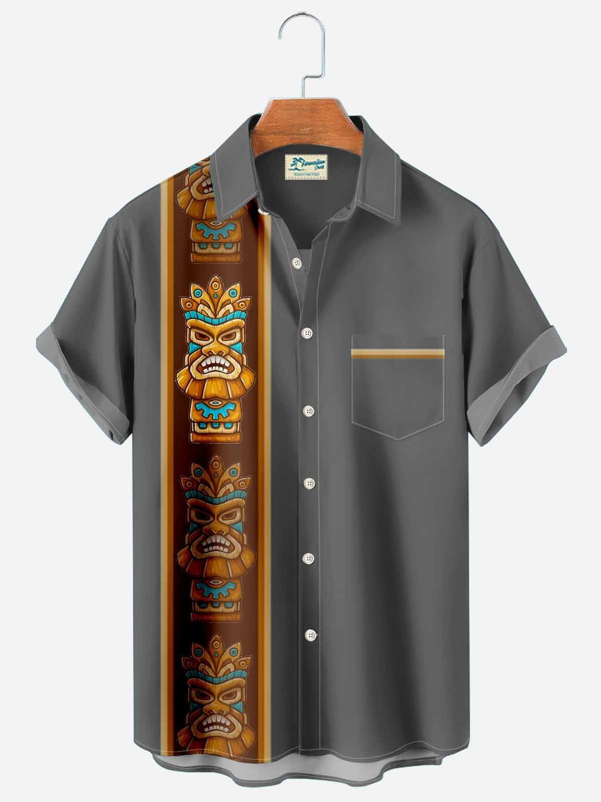 Vintage bowling Tiki Totem Men's Pocket Casual Button Shirt