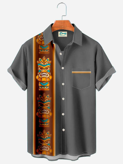 Vintage bowling Tiki Totem Men's Pocket Casual Button Shirt