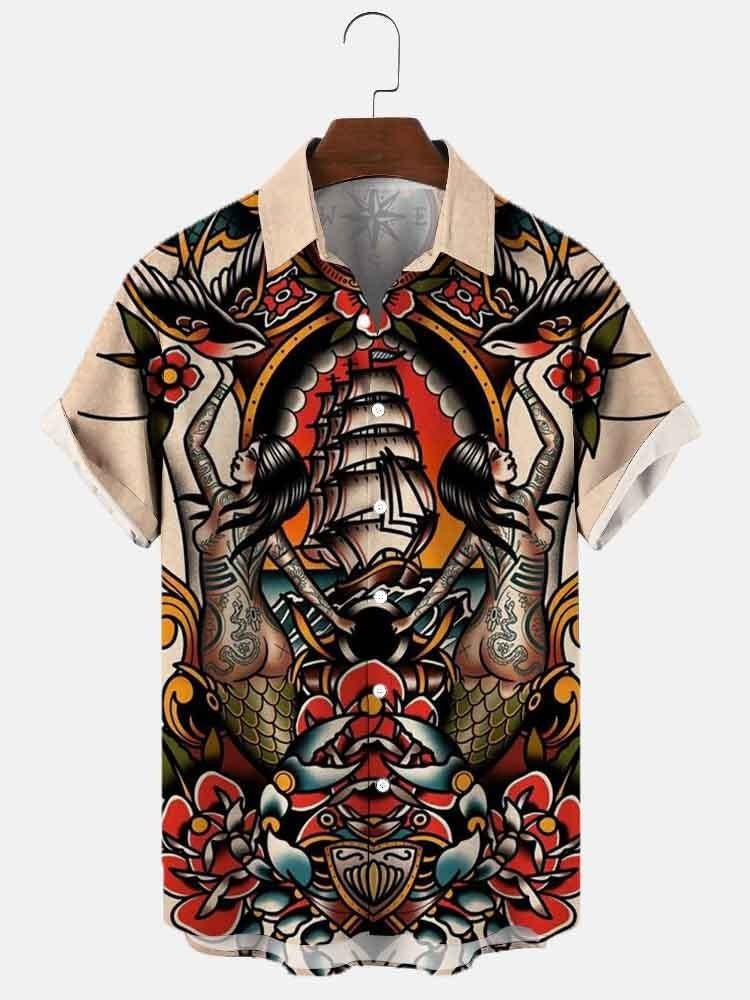 Men's Vintage Mermaid Sailor Print Casual Breathable Short Sleeve Hawaiian Shirt