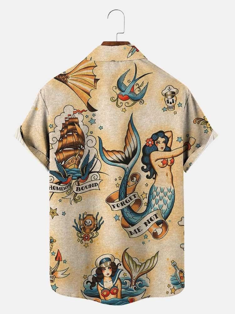 Men's Vintage Mermaid Print Casual Breathable Short Sleeve Hawaiian Shirt