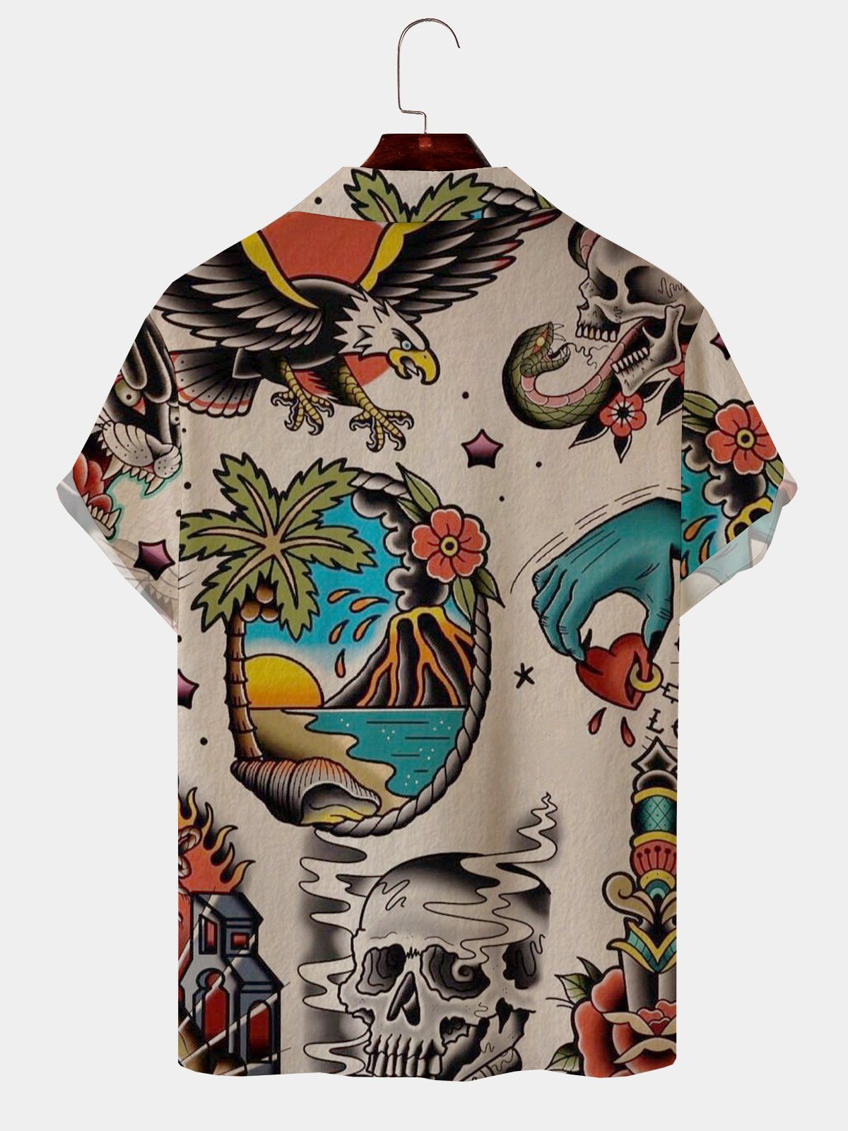 Mens Hawaiian Art Tattoo Print Camp Collar Loose Short Sleeve Funky Hawaiian Shirt