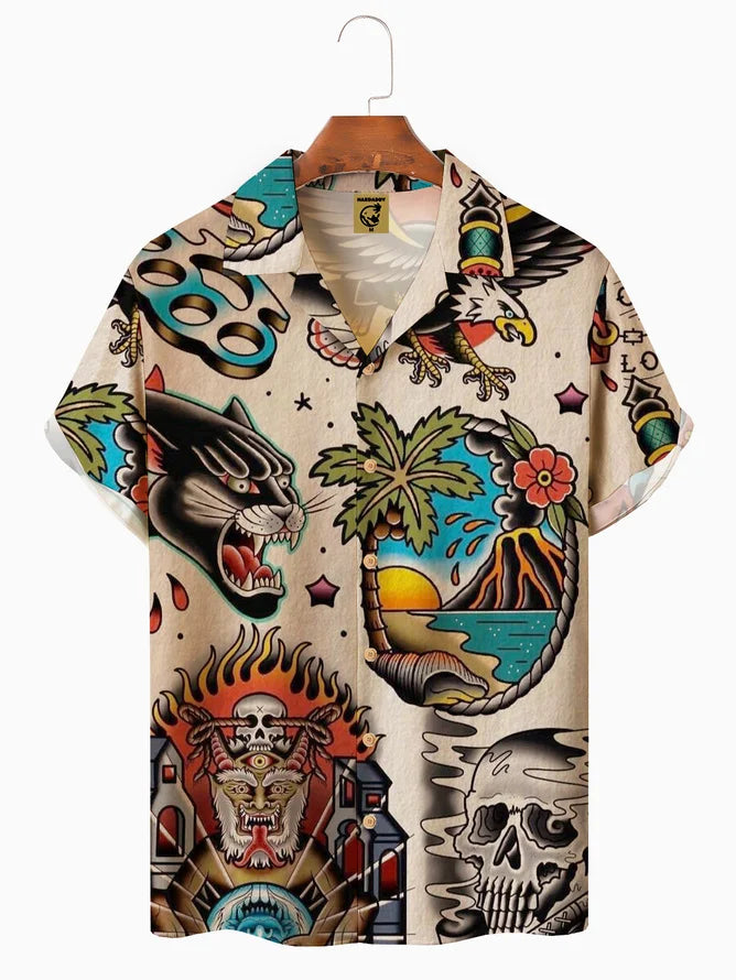 Mens Hawaiian Art Tattoo Print Camp Collar Loose Short Sleeve Funky Hawaiian Shirt