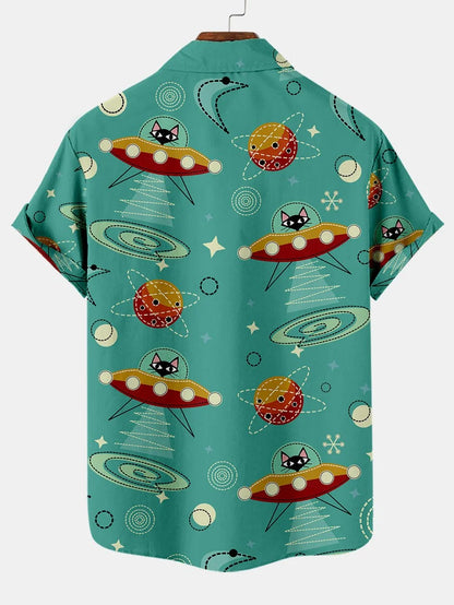 Space Cat Cosmic Casual Hawaiian Short-Sleeved Shirt