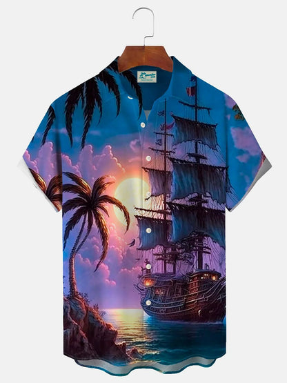 Nautical Pirate Ship Print Men's Button Pocket Short Sleeve Shirt