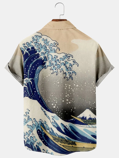 Men's Japanese Ukiyoe Wave Print With Pocket Short Sleeve Hawaiian Shirts