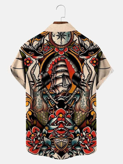 Men's Vintage Mermaid Sailor Print Casual Breathable Short Sleeve Hawaiian Shirt