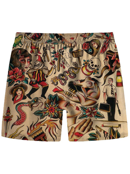 Vintage Tatoo Beauty Print Hawaiian Beach Shorts