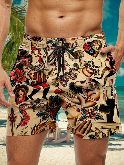 Vintage Tatoo Beauty Print Hawaiian Beach Shorts