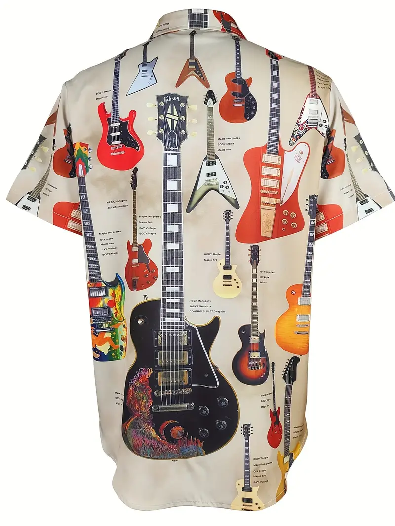 Men's 60's Vintage Guitar Short Sleeve Lapel Shirt