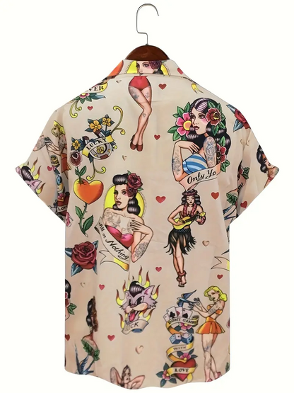 Fun Tiki Bar Tattoo Pinup Girl Pocket Camp Shirt