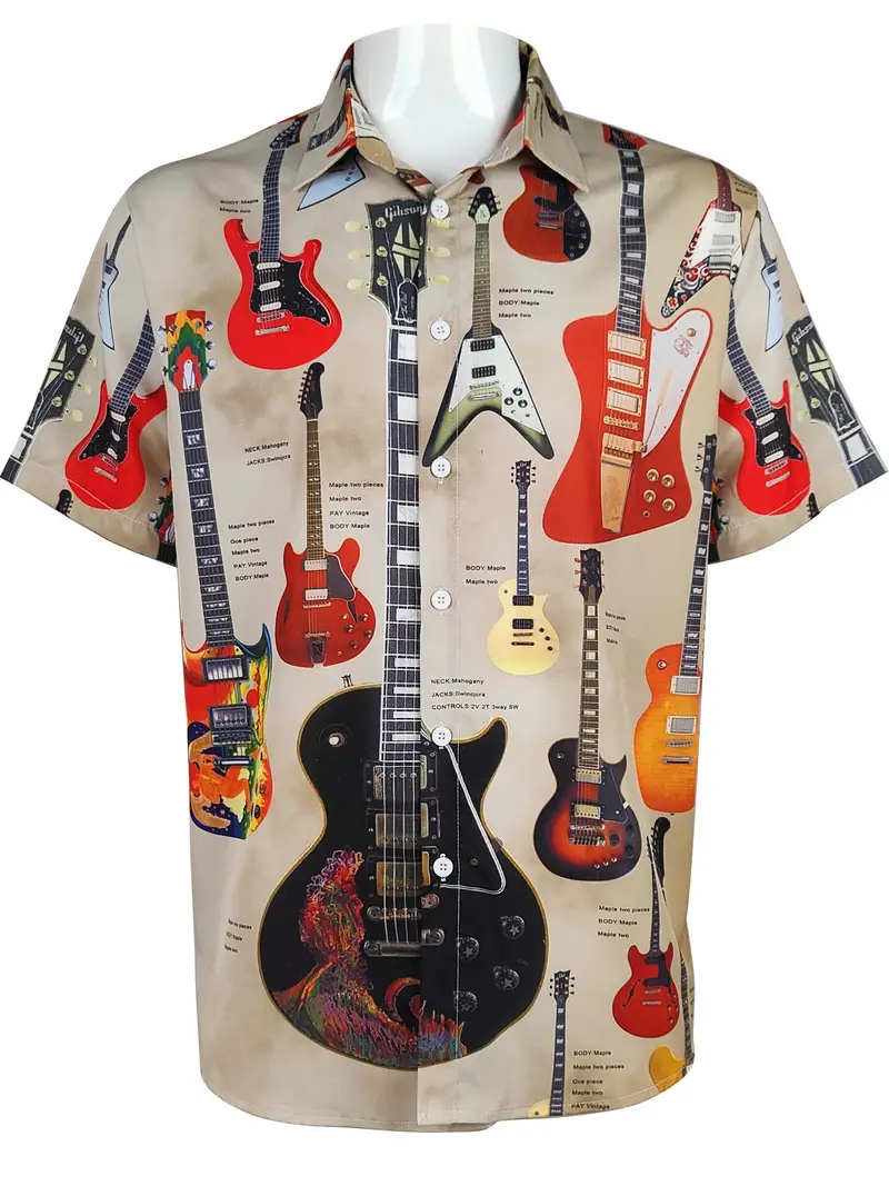 Men's 60's Vintage Guitar Short Sleeve Lapel Shirt